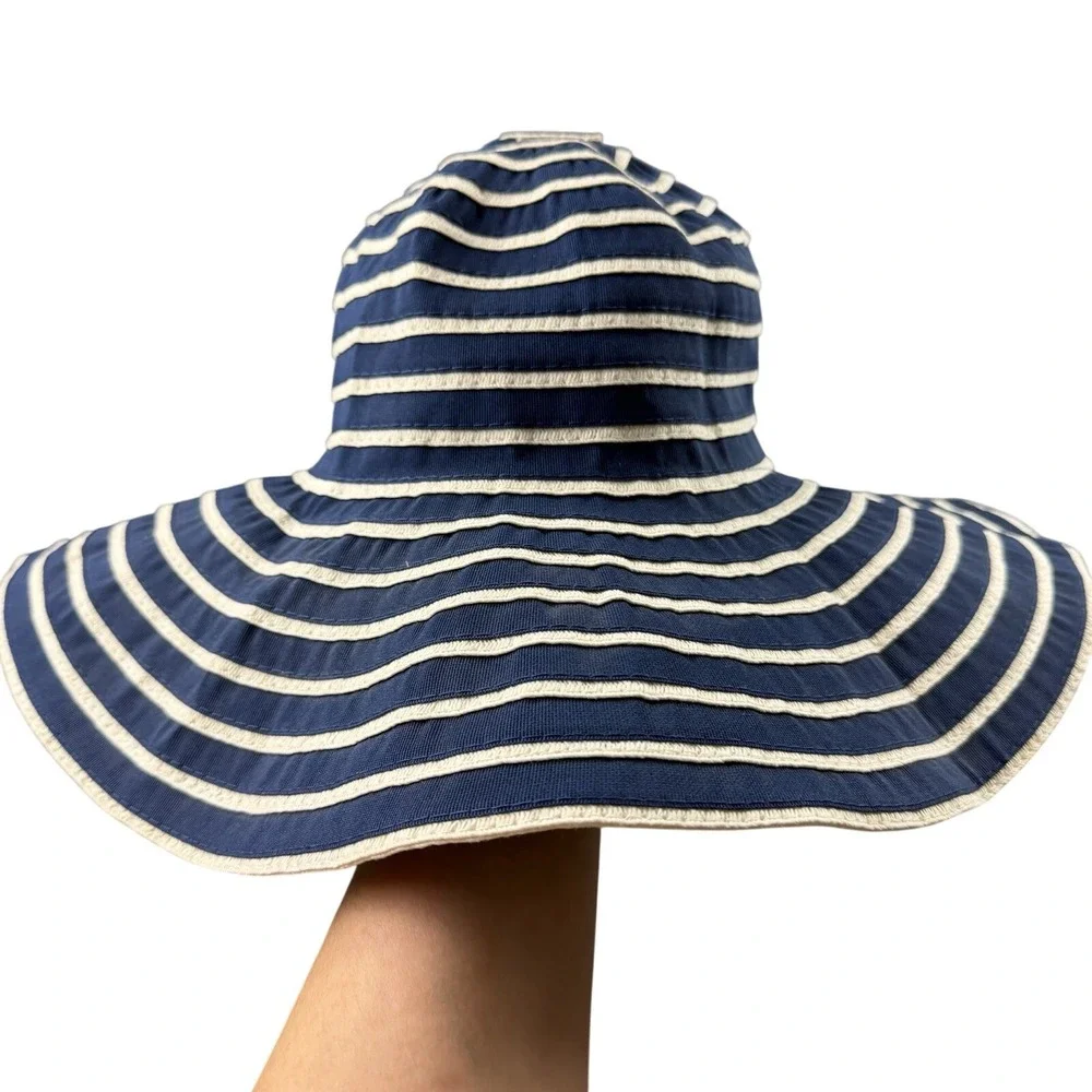 David & Young Boho Wide Brim Sun Hat Navy White Striped‎ Beach